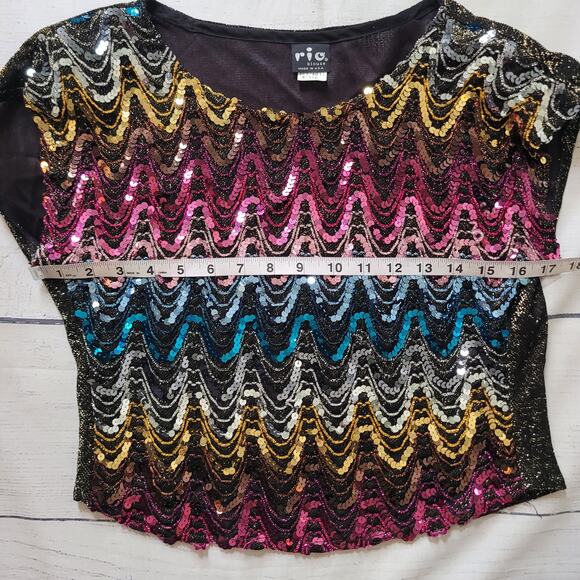 Rio Blouse Size S Vintage Rainbow Sequin Structured Short Sleeve Top Gold Back - Picture 5 of 8